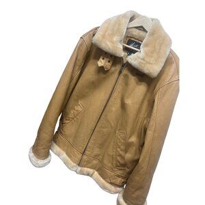 Max USA Vintage Italian Tan Leather Shearling Lined Aviator Bomber Jacket
